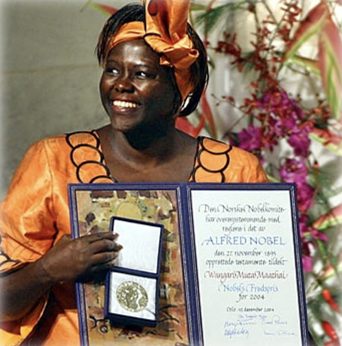 Wangaari Maathai receives the first Nobel Peace Prize awarded for environmental protection (2004) for decades of work with the Green Belt Movement.