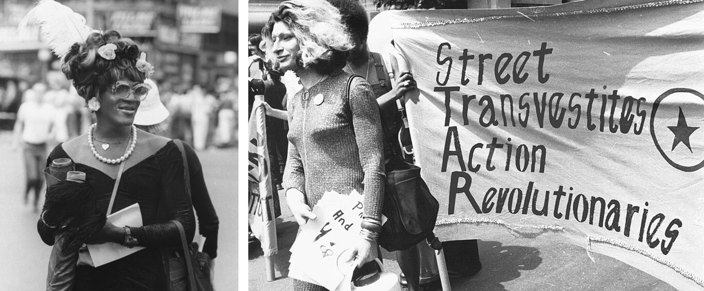 A split screen of two b&W images. L: Activist Marsha P. Johnson in the 1970s; R: Activist Sylvia Rivera in 1970. 